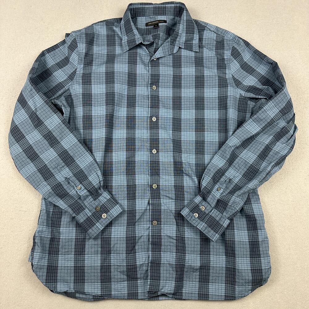 John Varvatos Shirt Men XL Blue Plaid Cotton Long Sleeve Button Up Casual